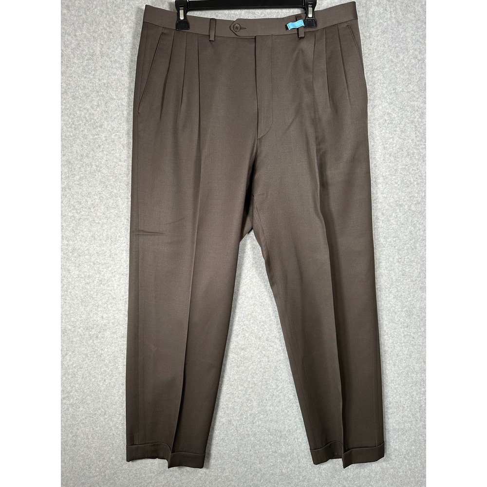 Pazoni Mens Brown 100% Wool Double Pleated Cuffed Dress Pants Made in Italy 36